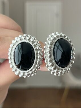 Authentic Vintage YSL Oval Black Glass Cabochon Dotted Silver Clip-On Earrings